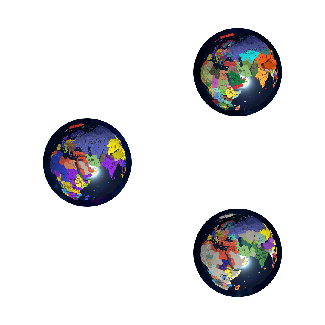 labelled screenshots of three of the scenarios in the game: 'Contemporary', '1900', and '1700'