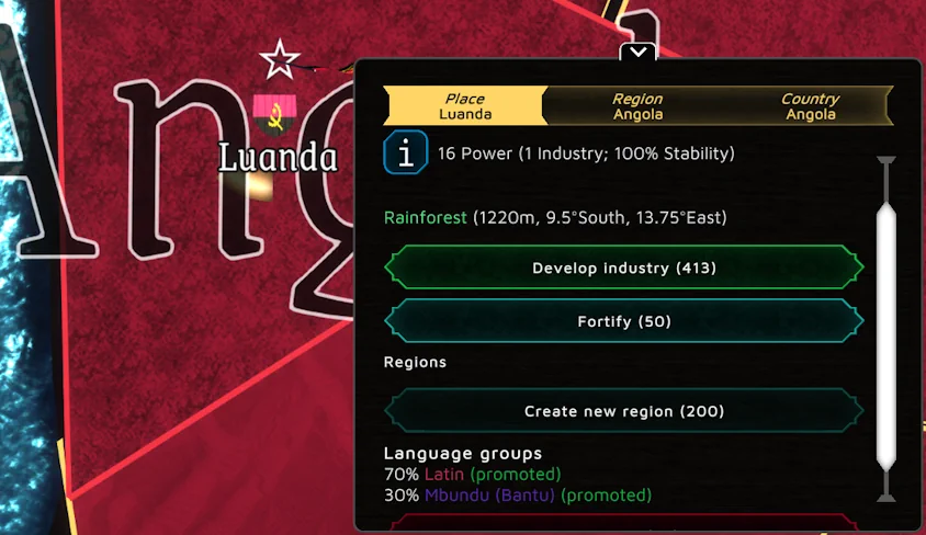 screenshot of the game where a place is selected and the user interface shows details for that place